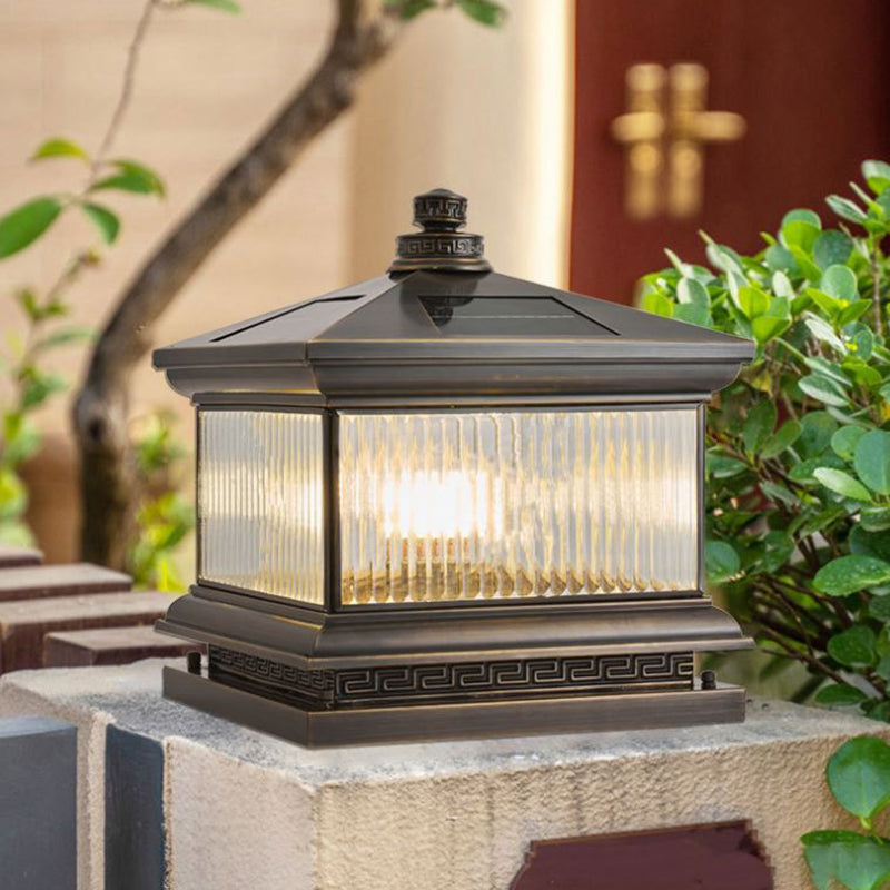 Rectangle Shape Metal Solar Pillar Lamp Modern Outdoor Waterproof Light in Bronze