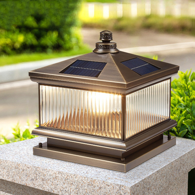 Rectangle Shape Metal Solar Pillar Lamp Modern Outdoor Waterproof Light in Bronze