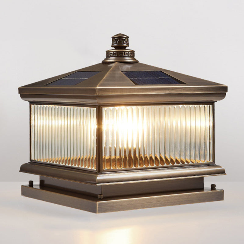 Rectangle Shape Metal Solar Pillar Lamp Modern Outdoor Waterproof Light in Bronze