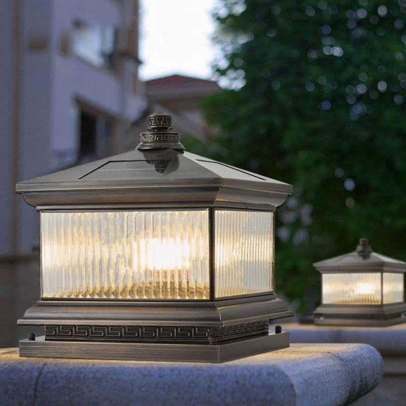 Rectangle Shape Metal Solar Pillar Lamp Modern Outdoor Waterproof Light in Bronze
