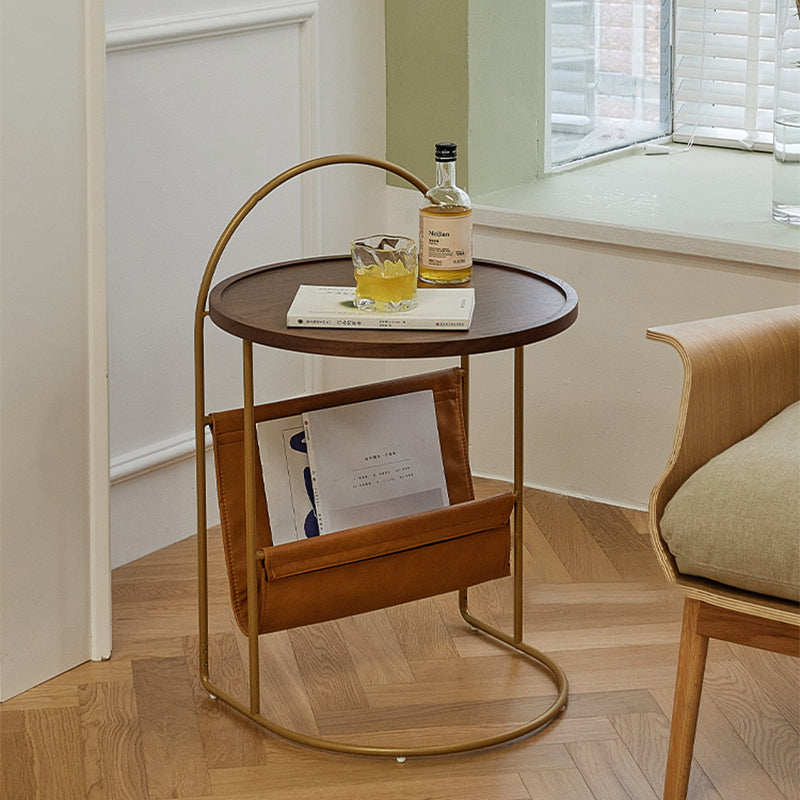 Contemporary Corner Table Round Wood Side Table with Storage