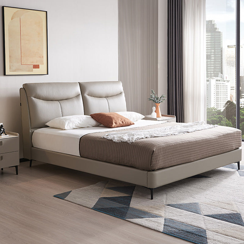 Genuine Leather Panel Bed Solid Color Upholstered Headboard Standard Bed