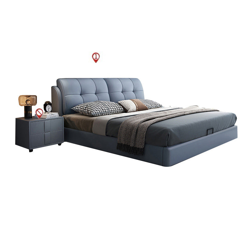 Contemporary Genuine Leather Upholstered Platform Bed Blue Bed Frame