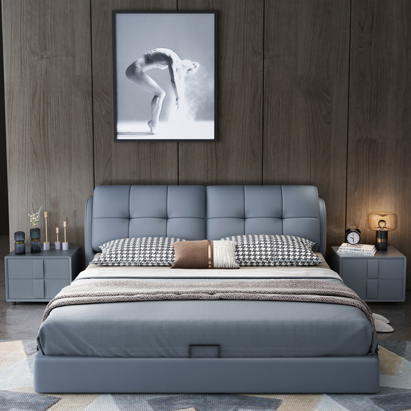 Contemporary Genuine Leather Upholstered Platform Bed Blue Bed Frame