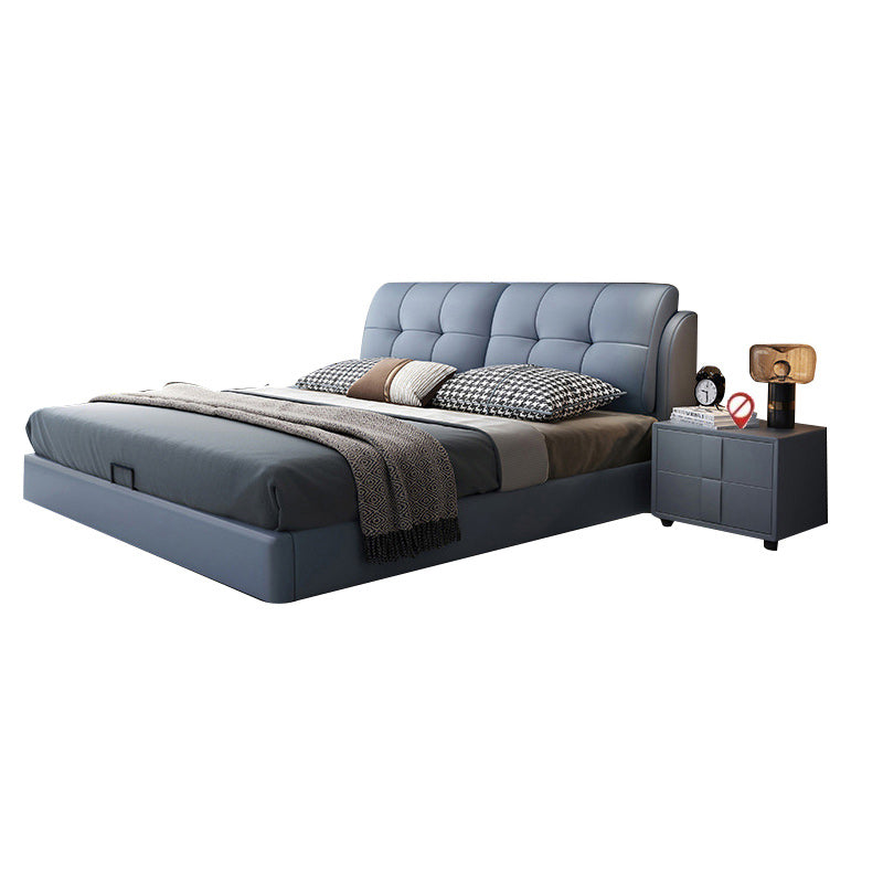 Contemporary Genuine Leather Upholstered Platform Bed Blue Bed Frame