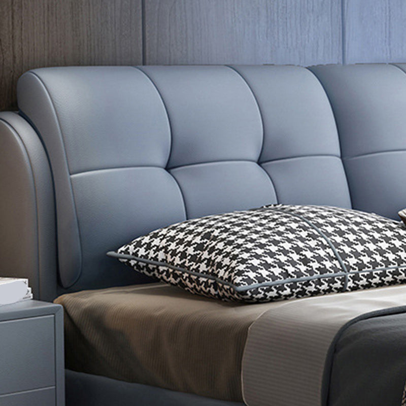 Contemporary Genuine Leather Upholstered Platform Bed Blue Bed Frame