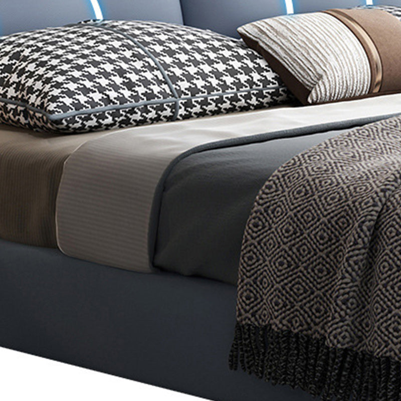 Contemporary Genuine Leather Upholstered Platform Bed Blue Bed Frame