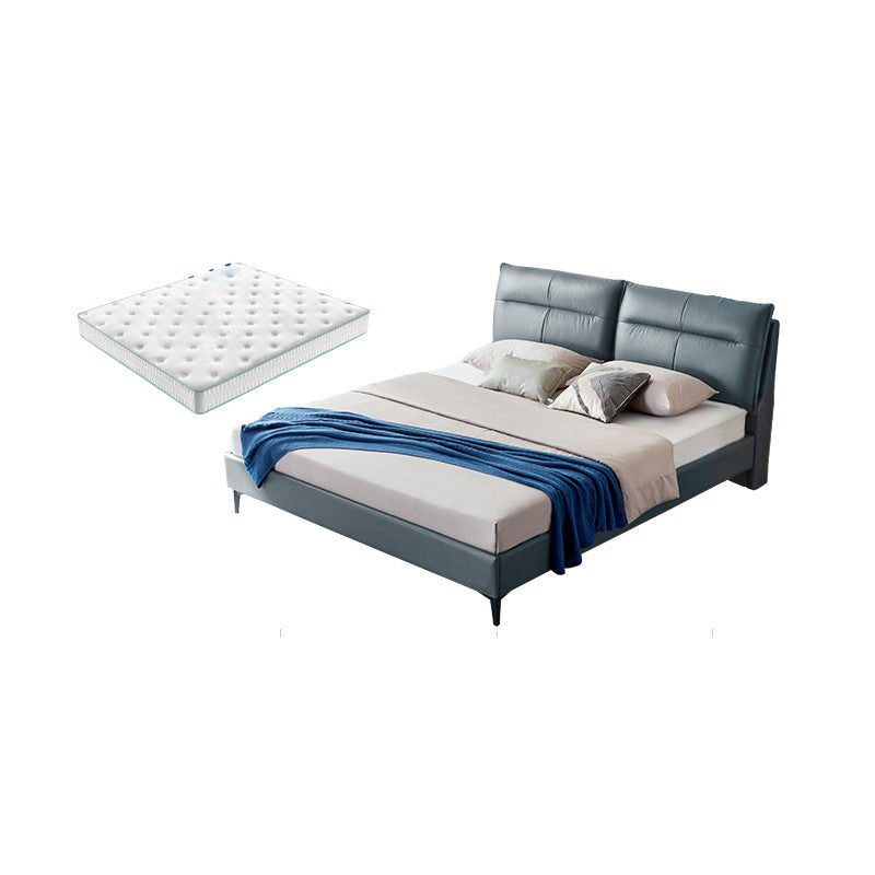 Rectangular Solid Color Panel Bed Genuine Leather Standard Bed with Metal Legs