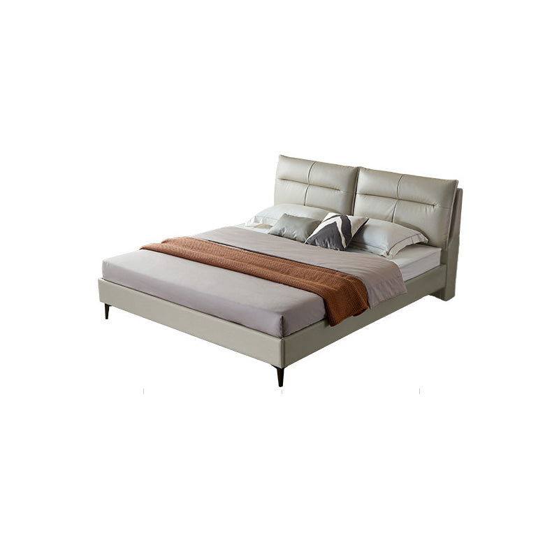 Rectangular Solid Color Panel Bed Genuine Leather Standard Bed with Metal Legs
