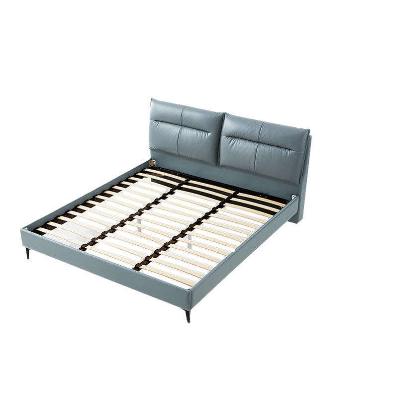 Rectangular Solid Color Panel Bed Genuine Leather Standard Bed with Metal Legs