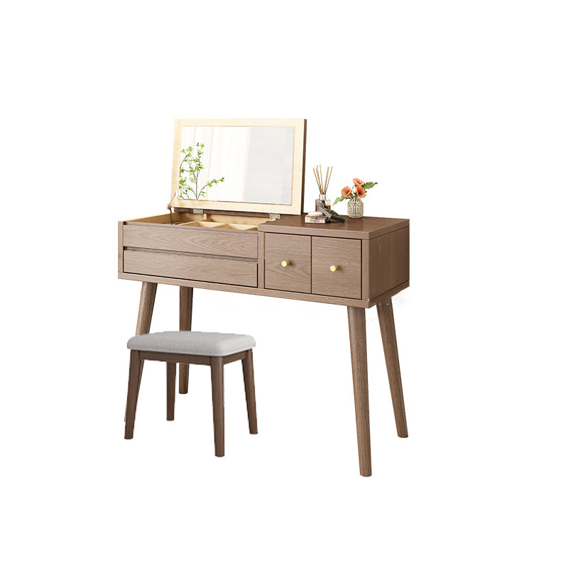 Solid Wood Makeup Vanity Desk Flip-Top Mirror Makeup Vanity Set with Drawer