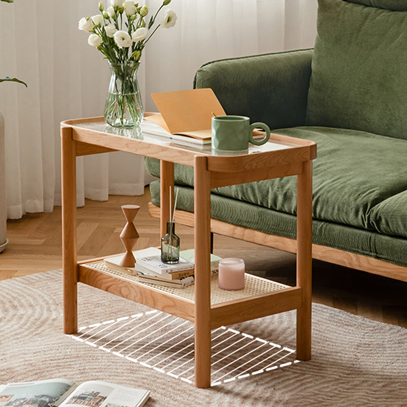 Living Room Corner Table Double Tier Rectangular Solid Wood with Shelf End Table