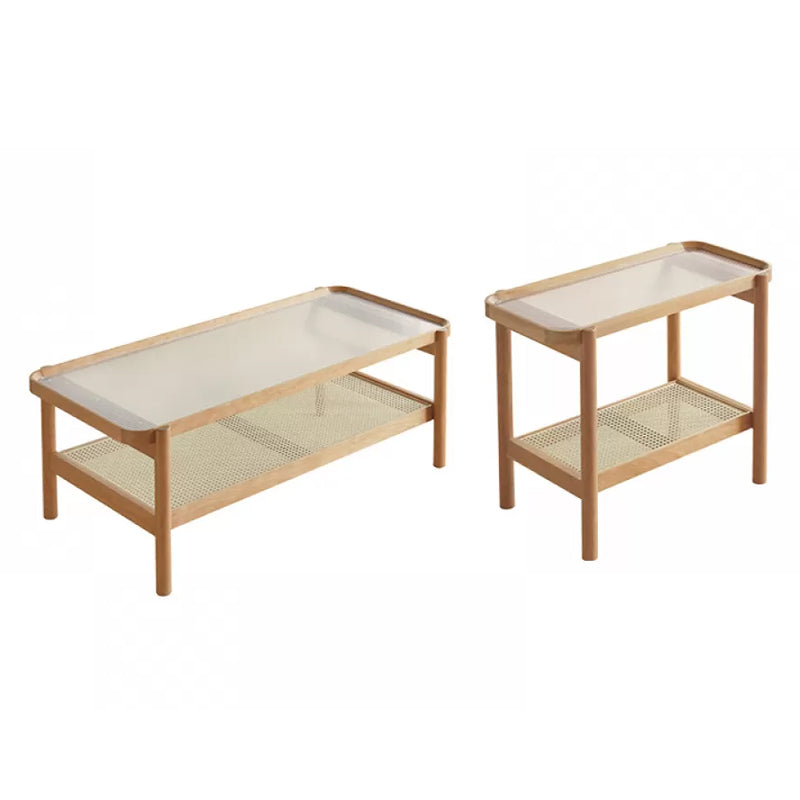 Living Room Corner Table Double Tier Rectangular Solid Wood with Shelf End Table