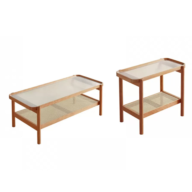 Living Room Corner Table Double Tier Rectangular Solid Wood with Shelf End Table