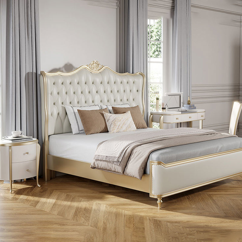 Contemporary White Bed with Upholstered Headboard in Victorian Style Leather Wood
