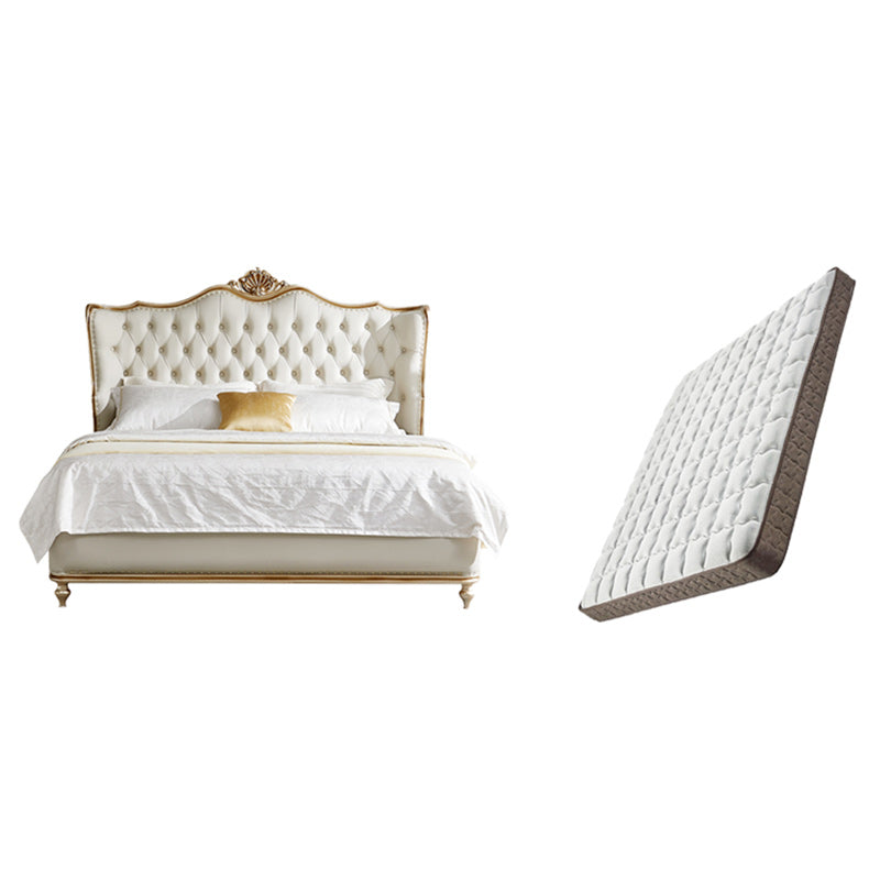 Contemporary White Bed with Upholstered Headboard in Victorian Style Leather Wood