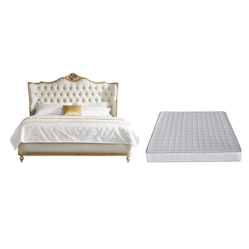 Contemporary White Bed with Upholstered Headboard in Victorian Style Leather Wood