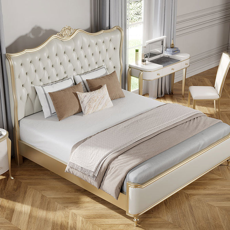 Contemporary White Bed with Upholstered Headboard in Victorian Style Leather Wood
