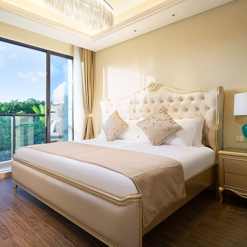 Contemporary White Bed with Upholstered Headboard in Victorian Style Leather Wood