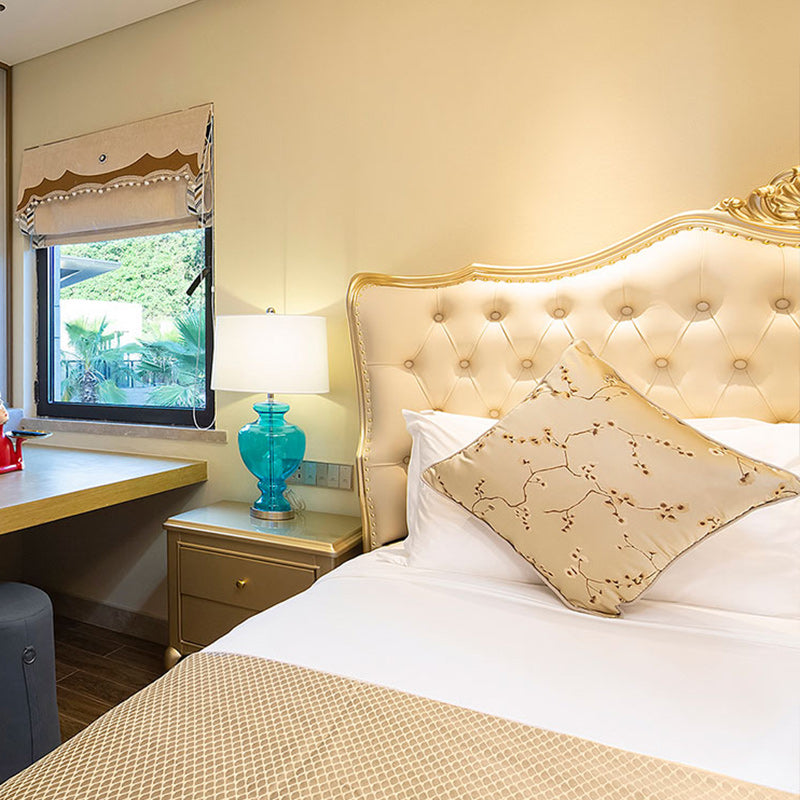 Contemporary White Bed with Upholstered Headboard in Victorian Style Leather Wood