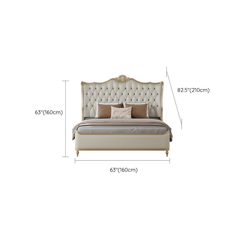 Contemporary White Bed with Upholstered Headboard in Victorian Style Leather Wood