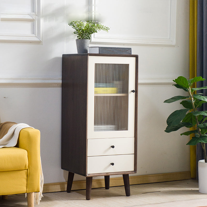 Modern Glass Paned Accent Cabinet 1-Door Solid Wood Chest with 2 Drawers