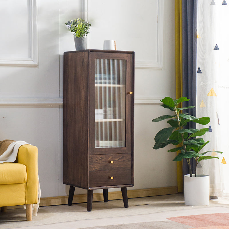 Modern Glass Paned Accent Cabinet 1-Door Solid Wood Chest with 2 Drawers