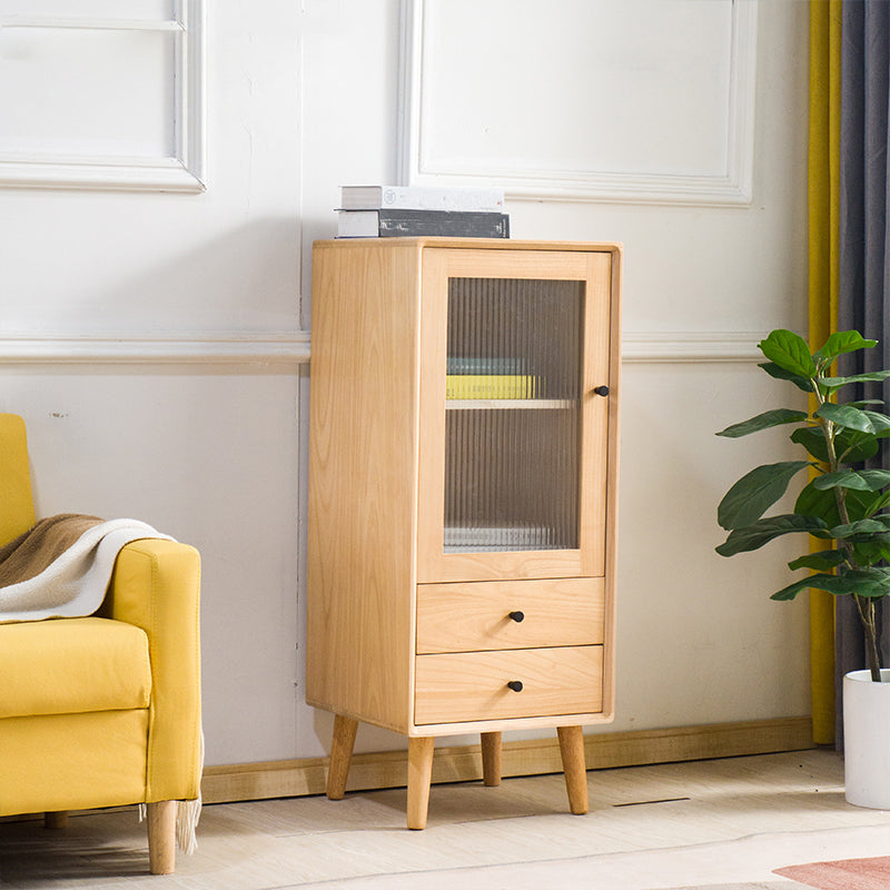 Modern Glass Paned Accent Cabinet 1-Door Solid Wood Chest with 2 Drawers