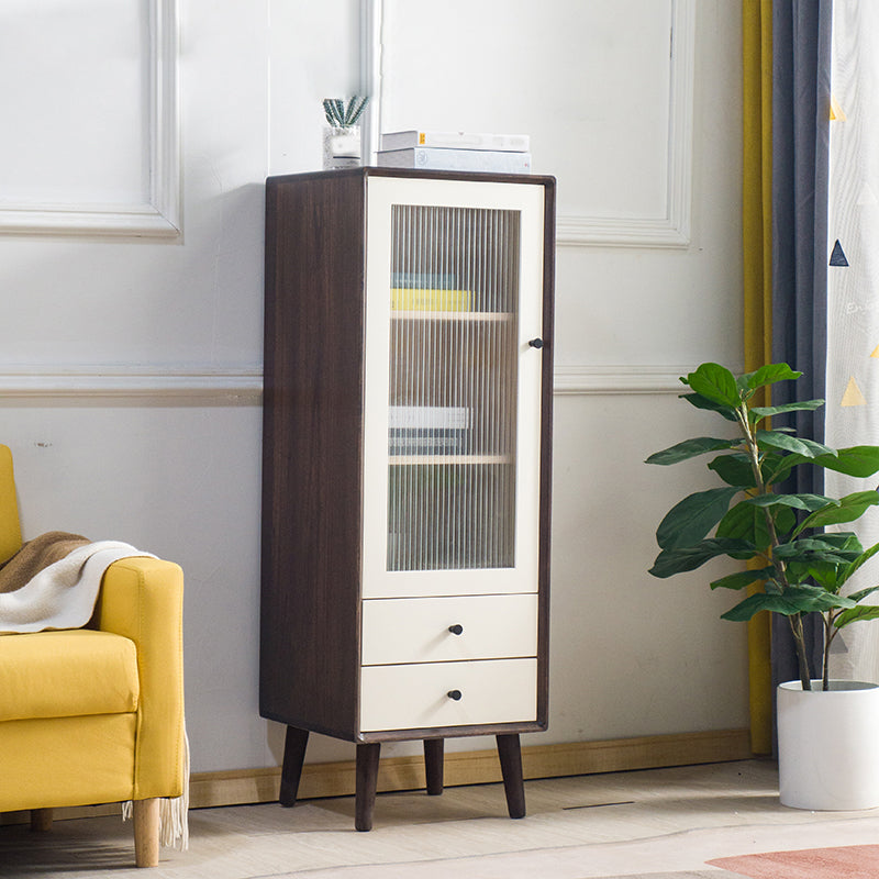 Modern Glass Paned Accent Cabinet 1-Door Solid Wood Chest with 2 Drawers