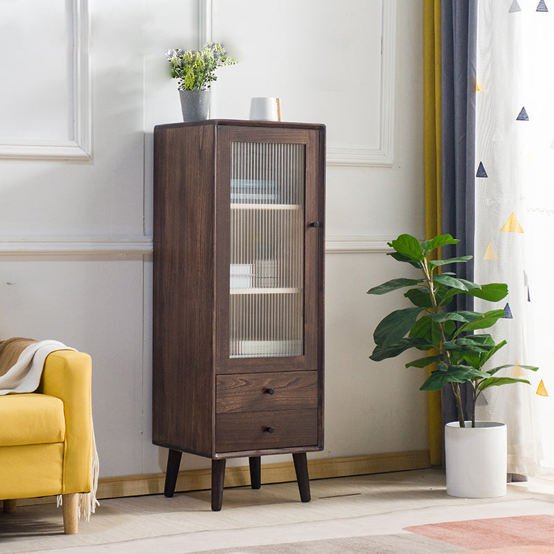 Modern Glass Paned Accent Cabinet 1-Door Solid Wood Chest with 2 Drawers