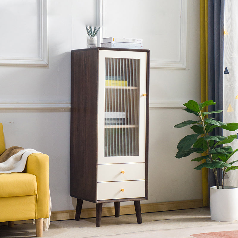 Modern Glass Paned Accent Cabinet 1-Door Solid Wood Chest with 2 Drawers