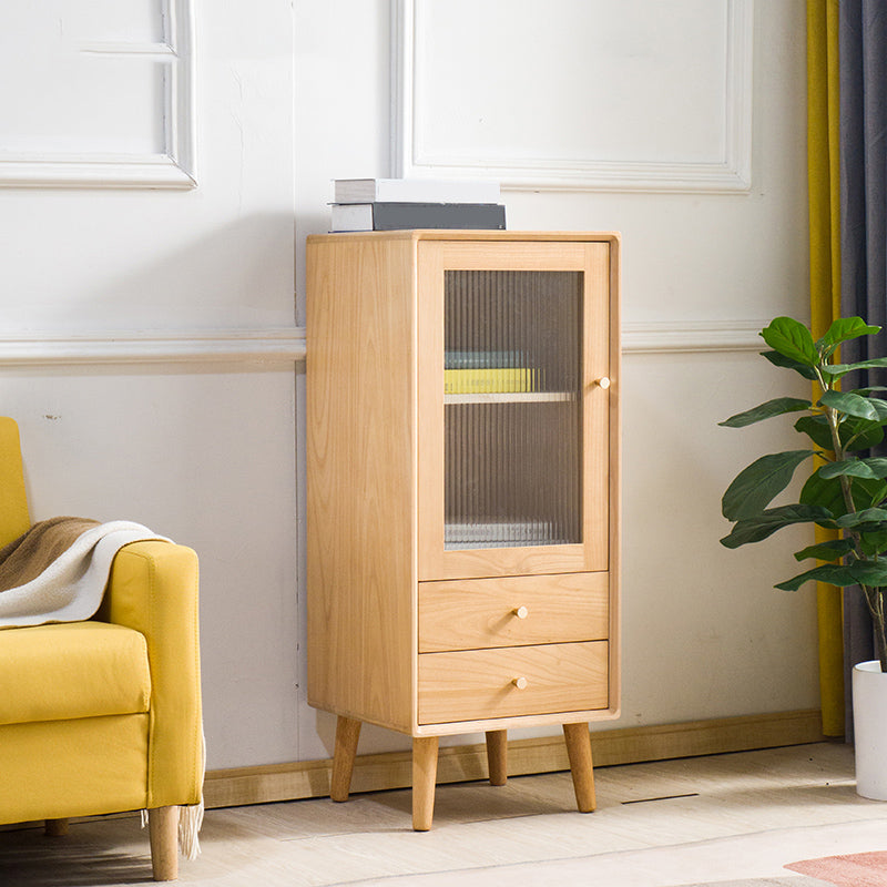 Modern Glass Paned Accent Cabinet 1-Door Solid Wood Chest with 2 Drawers