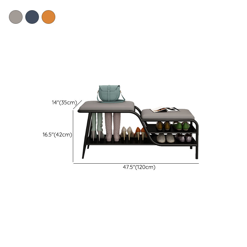 14 Inch Wide Modern Entryway Bench Cushioned Rectangle Metal Seating Bench with Shelves