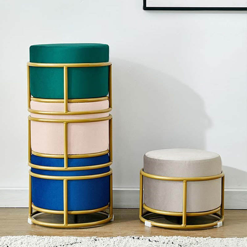 Luxury Ottoman Velvet Upholstered Solid Color Round Ottoman with Metal Legs