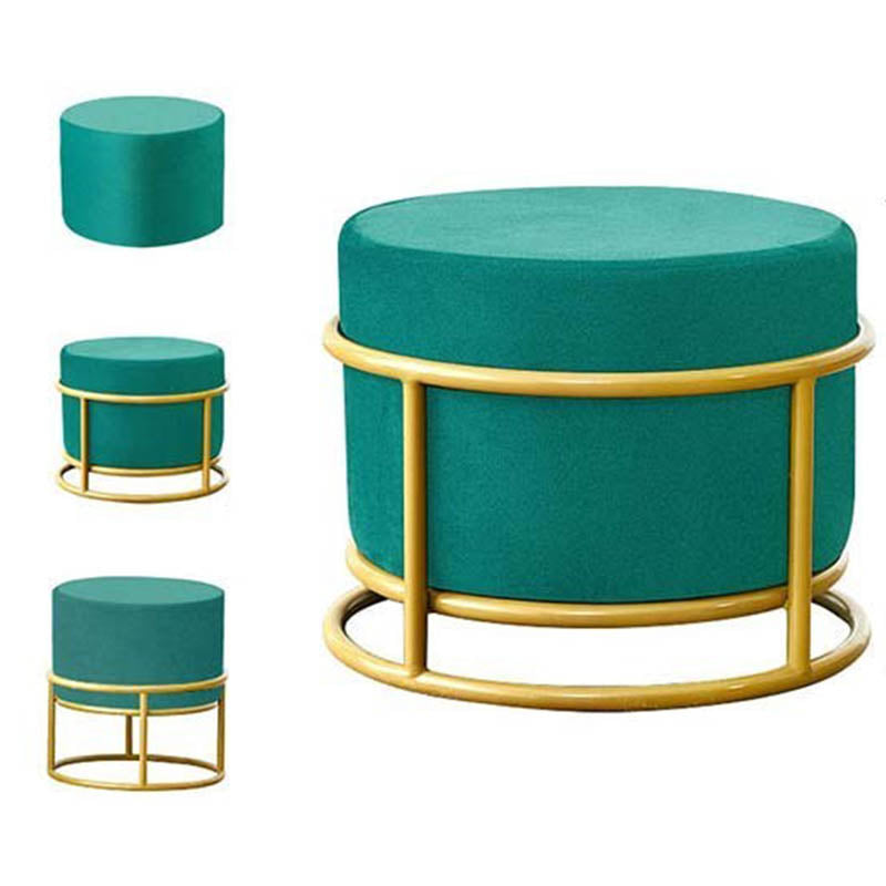 Luxury Ottoman Velvet Upholstered Solid Color Round Ottoman with Metal Legs
