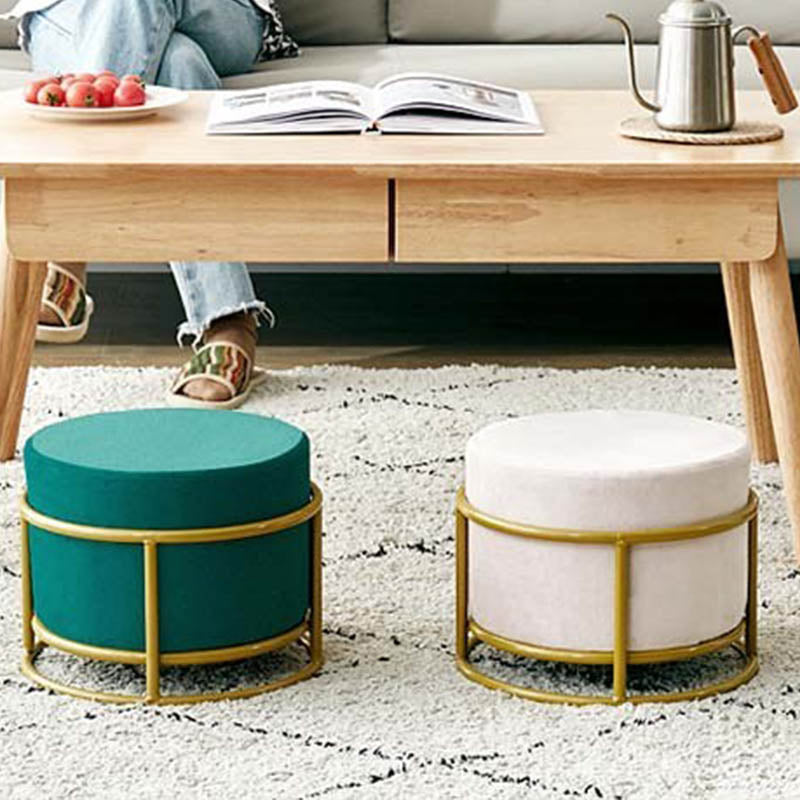 Luxury Ottoman Velvet Upholstered Solid Color Round Ottoman with Metal Legs