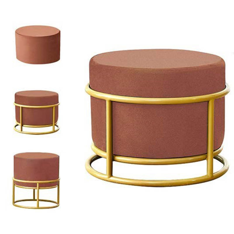 Luxury Ottoman Velvet Upholstered Solid Color Round Ottoman with Metal Legs