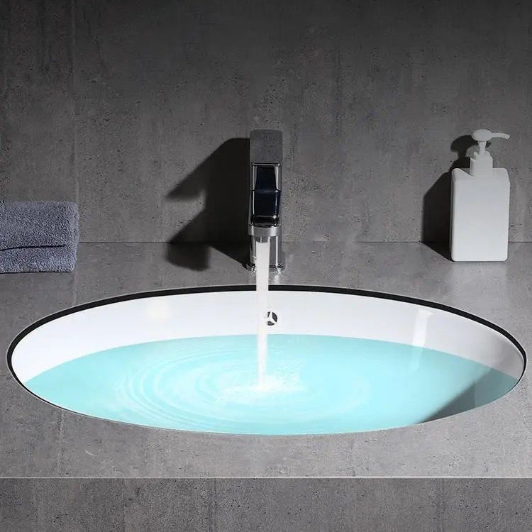 Modern Undermount Vanity Sink Oval Porcelain with Pop-Up Drain Bathroom Sink