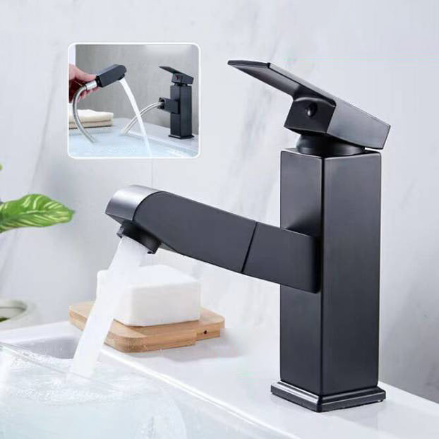 Contemporary Bathroom Faucet Brass Lever Handle Pull-out Sink Faucet