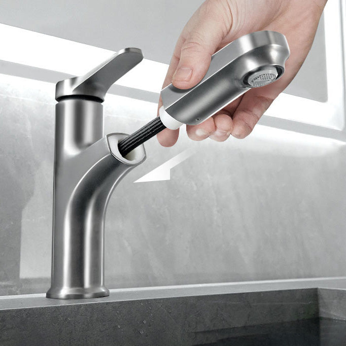 Contemporary Bathroom Faucet Brass Lever Handle Pull-out Sink Faucet