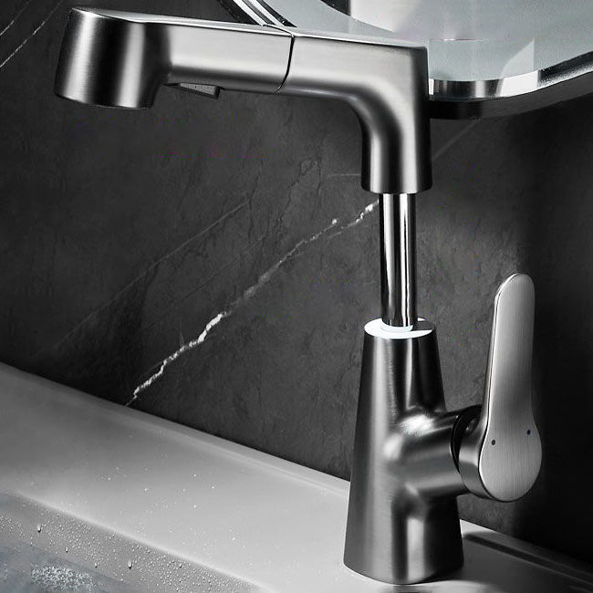 Contemporary Bathroom Faucet Brass Lever Handle Pull-out Sink Faucet