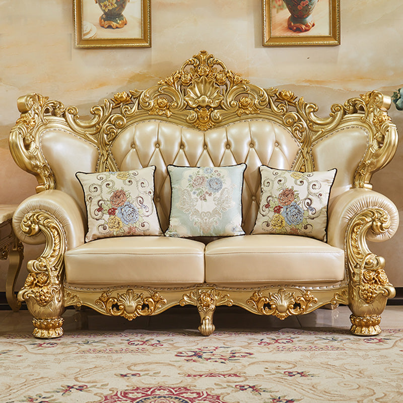 Gold Genuine Leather Sofa Tufted Split-Back Rolled Arm Sofa for Living Room
