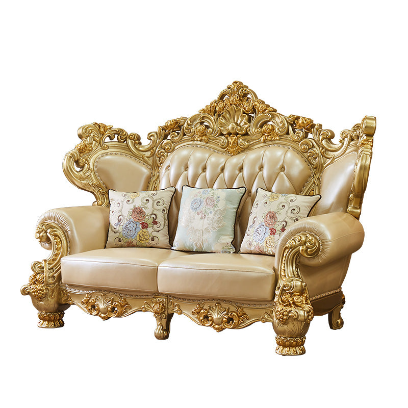 Gold Genuine Leather Sofa Tufted Split-Back Rolled Arm Sofa for Living Room