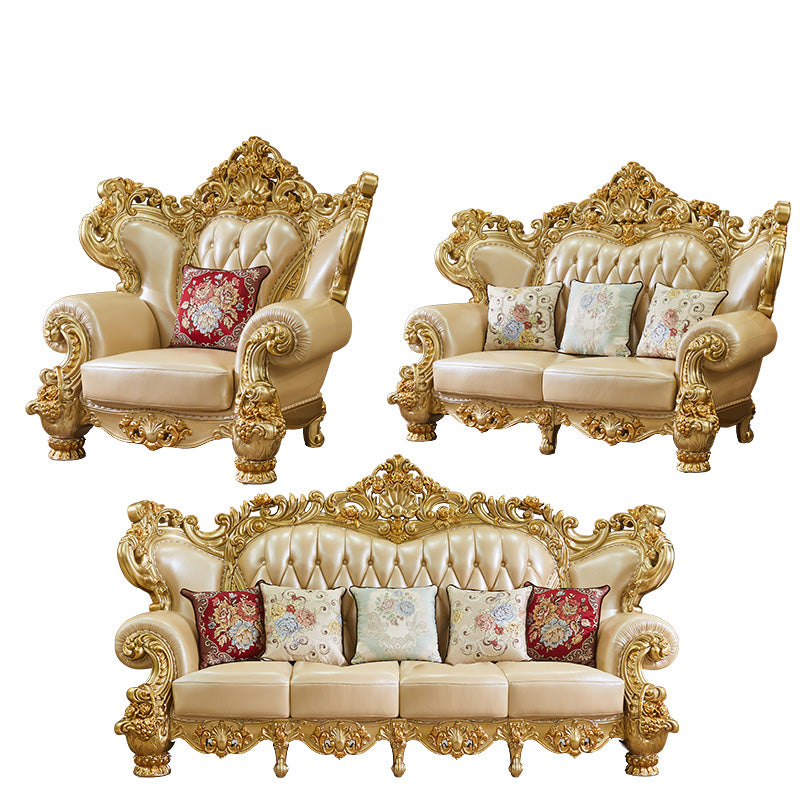 Gold Genuine Leather Sofa Tufted Split-Back Rolled Arm Sofa for Living Room