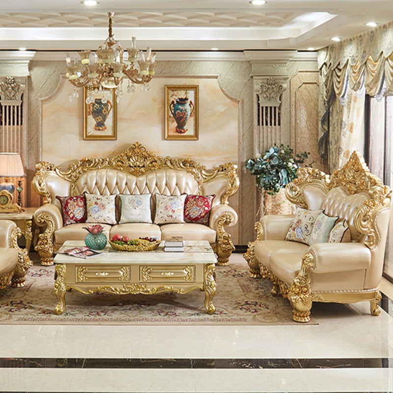 Gold Genuine Leather Sofa Tufted Split-Back Rolled Arm Sofa for Living Room