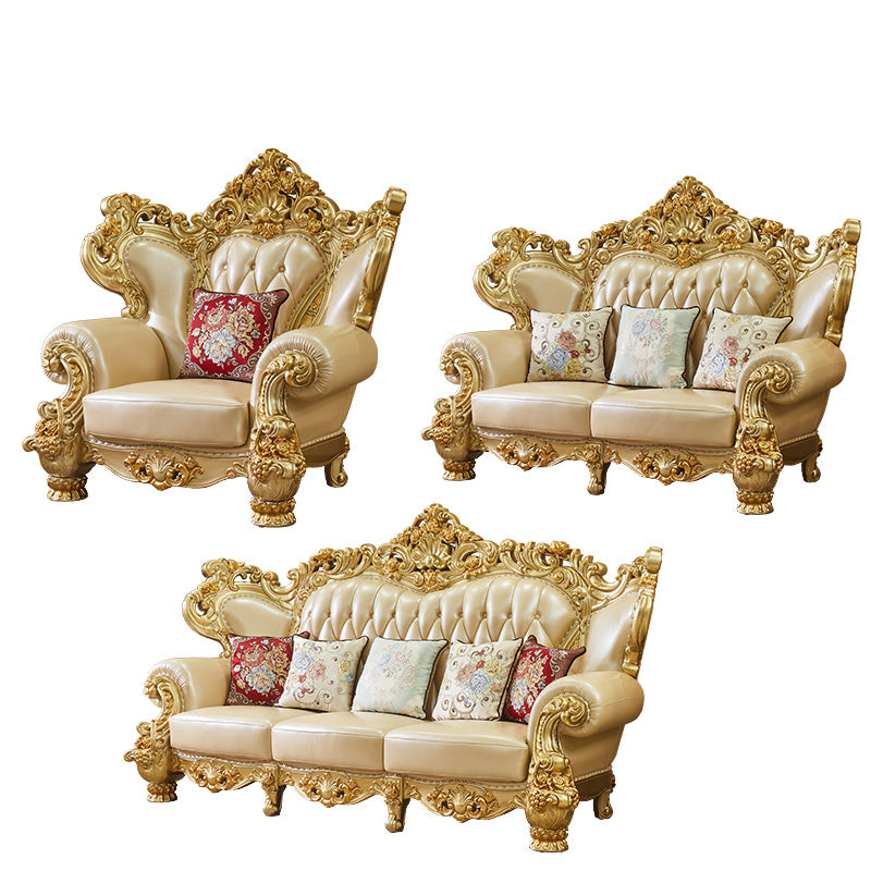 Gold Genuine Leather Sofa Tufted Split-Back Rolled Arm Sofa for Living Room