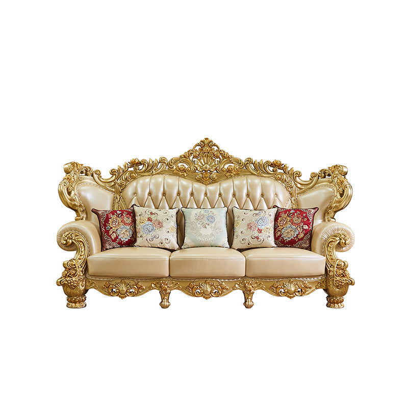 Gold Genuine Leather Sofa Tufted Split-Back Rolled Arm Sofa for Living Room