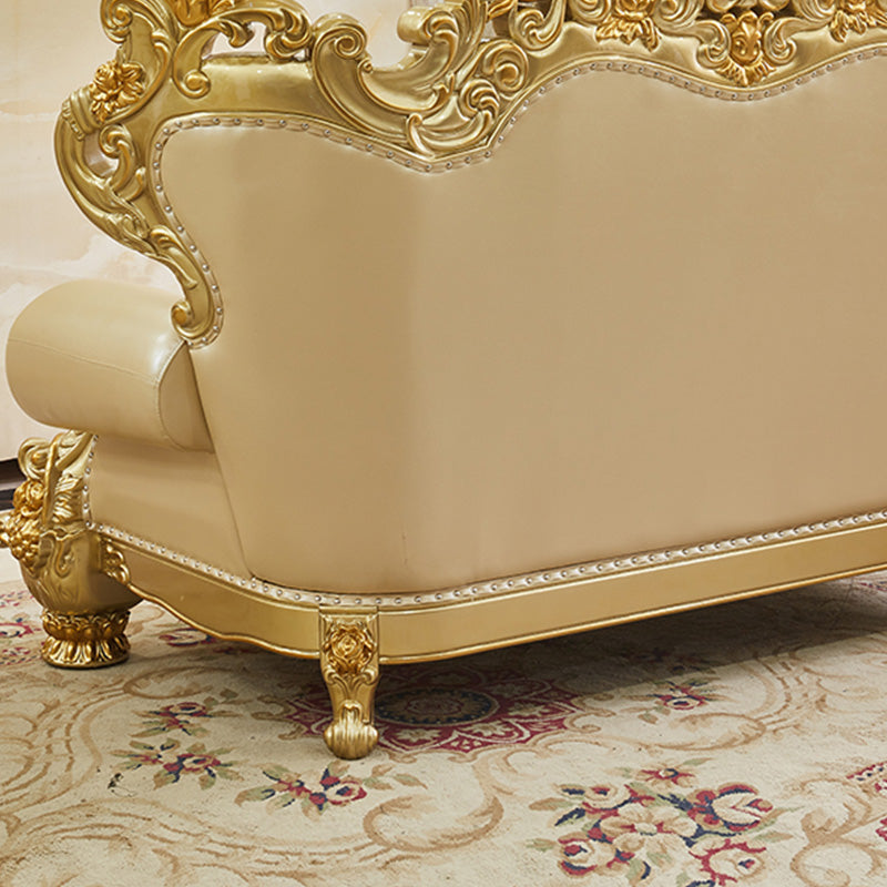 Gold Genuine Leather Sofa Tufted Split-Back Rolled Arm Sofa for Living Room
