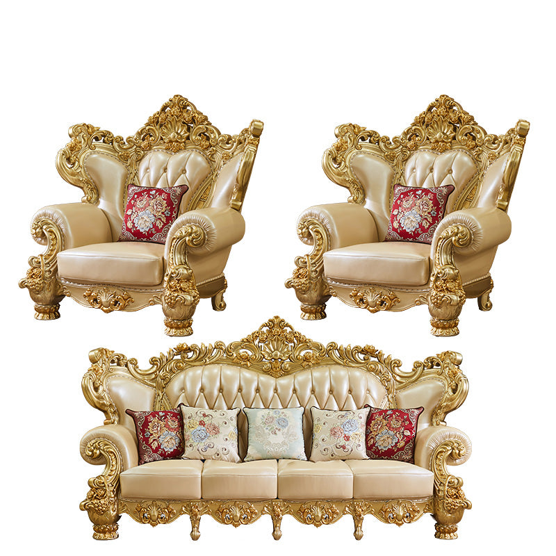 Gold Genuine Leather Sofa Tufted Split-Back Rolled Arm Sofa for Living Room