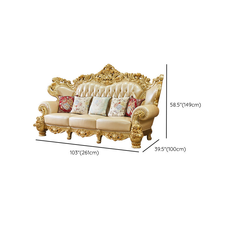 Gold Genuine Leather Sofa Tufted Split-Back Rolled Arm Sofa for Living Room